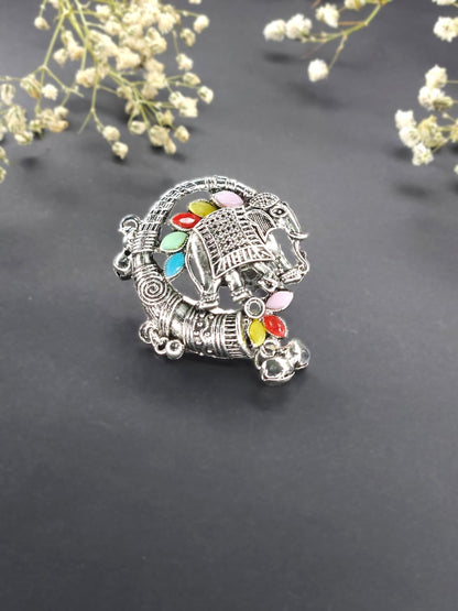 Tribal Elephant Multicolor Oxidized Statement Ring