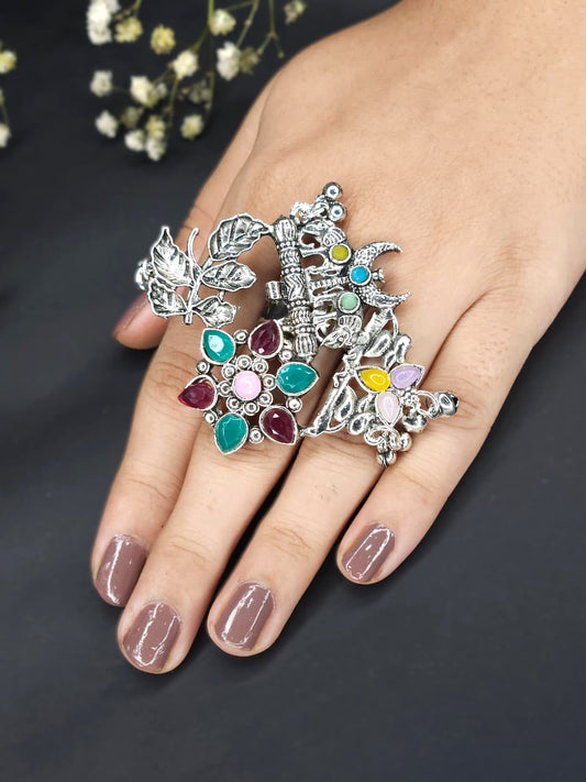 Boho Multicolor Floral Butterfly Oxidized Statement Ring