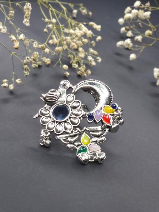 Moonlit Harmony Bird & Bloom Oxidized Statement Ring
