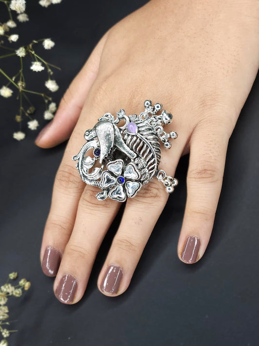 Royal Parrot Oxidized Floral Statement Ring