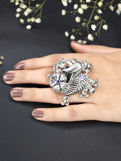 Royal Parrot Oxidized Floral Statement Ring