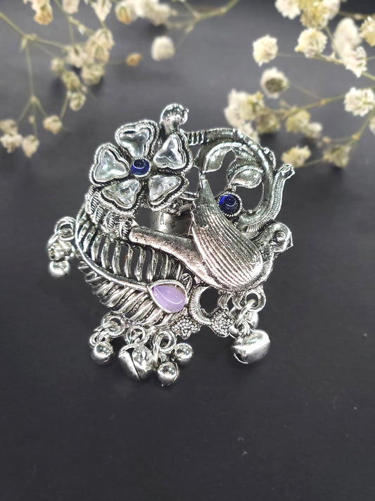 Royal Parrot Oxidized Floral Statement Ring