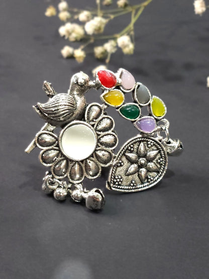Rainbow Parrot Mirror Oxidized Statement Ring