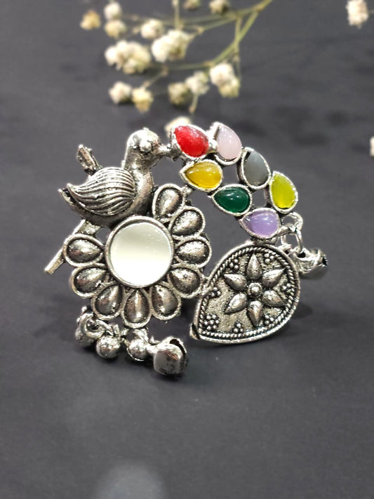 Rainbow Parrot Mirror Oxidized Statement Ring