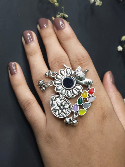 Rainbow Parrot Mirror Oxidized Statement Ring