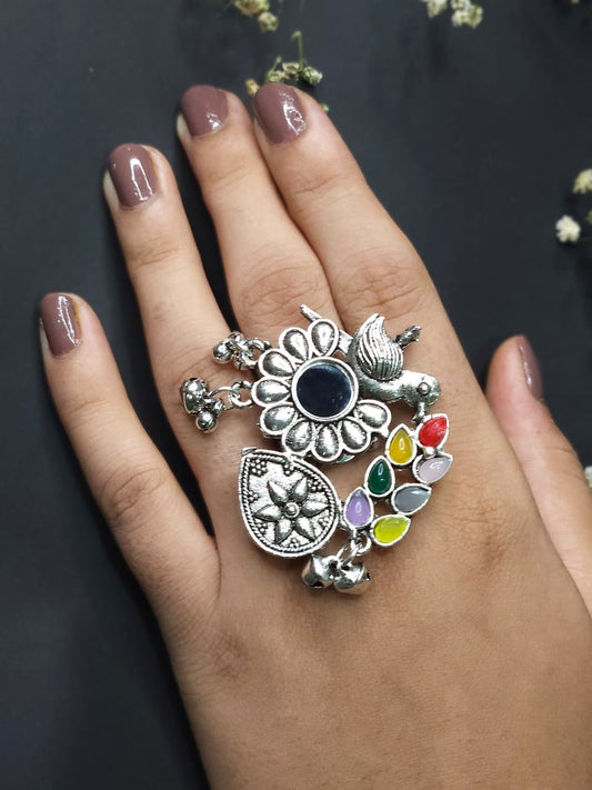 Rainbow Parrot Mirror Oxidized Statement Ring
