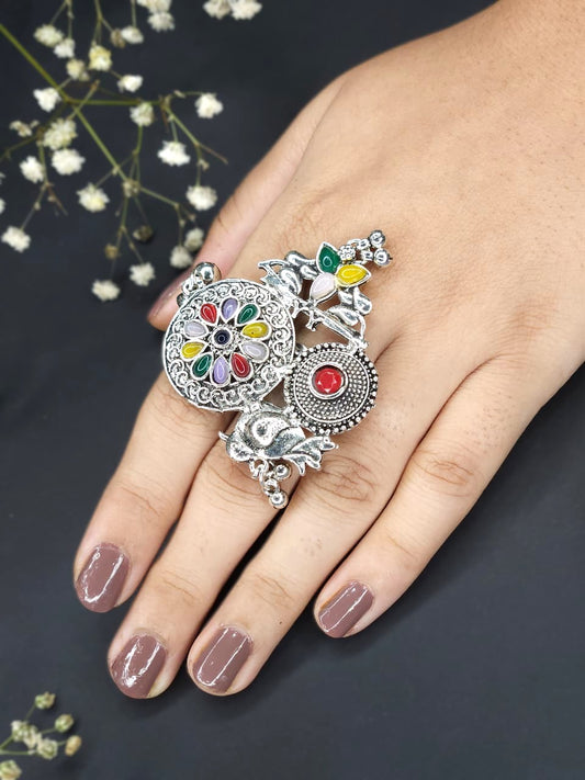 Mandala Oxidized Multicolor Statement Ring