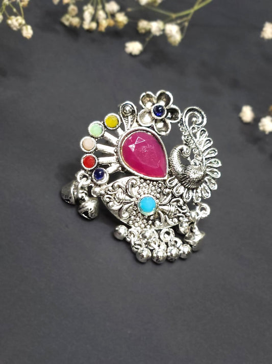 Peacock Blossom Oxidized Rani Pink Statement Ring