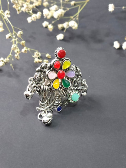 Festival Horse Floral Oxidized Multicolor Statement Ring
