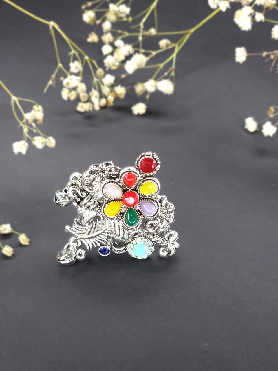 Festival Horse Floral Oxidized Multicolor Statement Ring