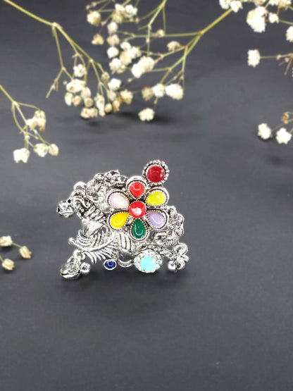 Festival Horse Floral Oxidized Multicolor Statement Ring