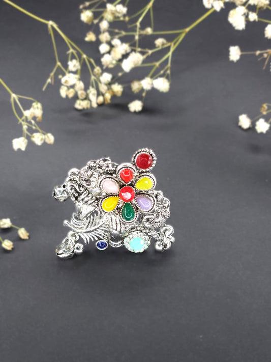 Festival Horse Floral Oxidized Multicolor Statement Ring