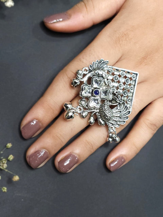 Peacock Charm Filigree Oxidized Statement Ring