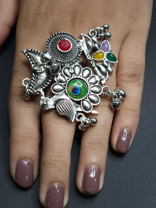 Peacock Feather Melody Oxidized Multicolor Statement Ring