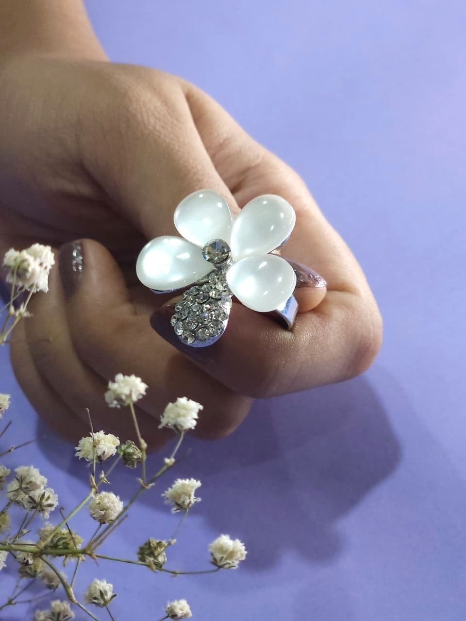 Opaline Blossom Silver Plated Statement Ring