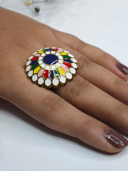 Mosaic Daisy Multicolor Adjustable Gold Plated Ring