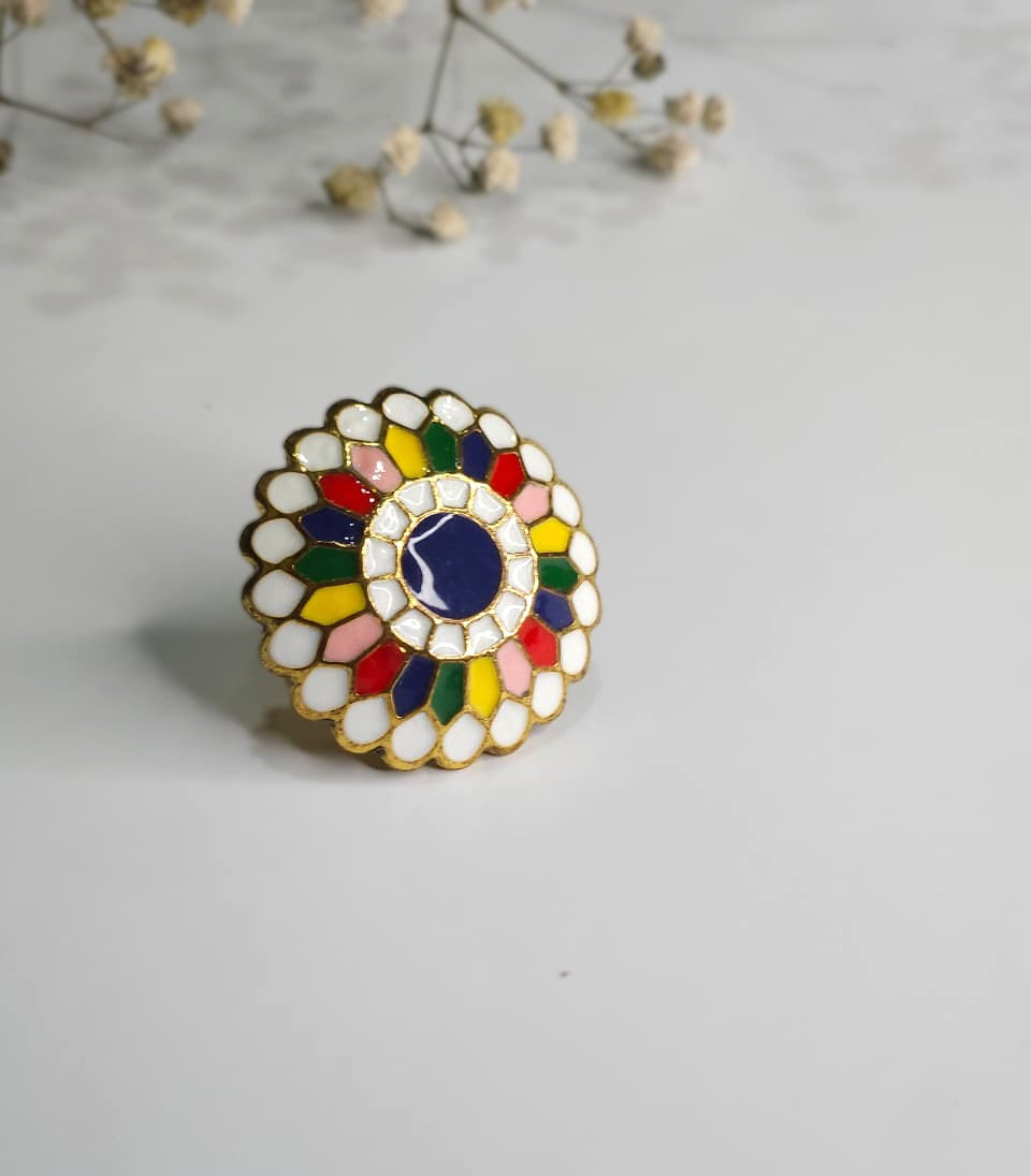 Mosaic Daisy Multicolor Adjustable Gold Plated Ring