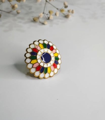 Mosaic Daisy Multicolor Adjustable Gold Plated Ring