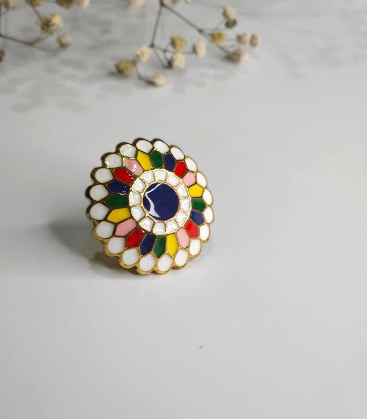 Mosaic Daisy Multicolor Adjustable Gold Plated Ring