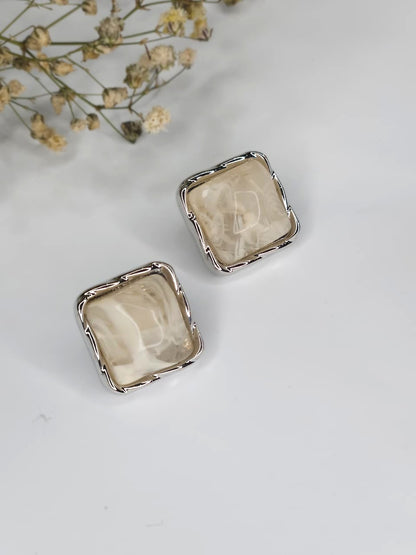 Ivory Glaze Silver Square Stud Earrings