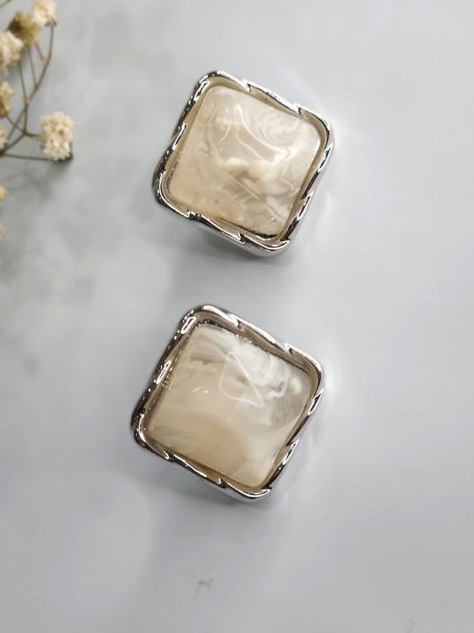 Ivory Glaze Silver Square Stud Earrings