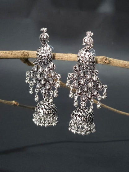 Oxidized Peacock Jhumka Earrings - Big