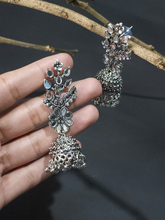 Floral Mirror Work Oxidized Jhumka Earrings – Big