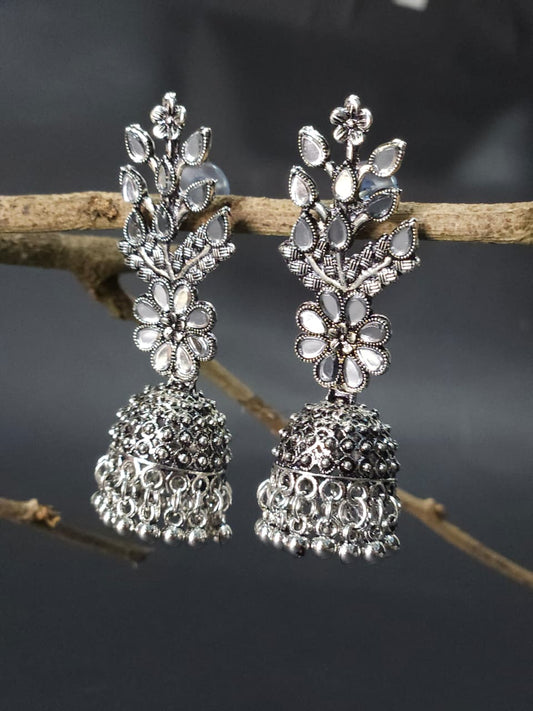 Floral Mirror Work Oxidized Jhumka Earrings – Big