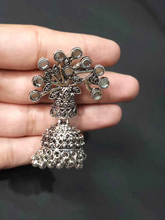 Peacock Lotus Oxidized Mirror Jhumka Earrings - Big