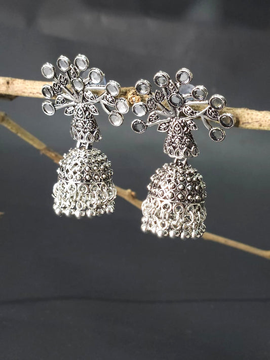 Peacock Lotus Oxidized Mirror Jhumka Earrings - Big