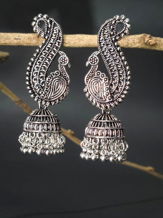 Classic Oxidized Peacock Jhumka – Antique Big