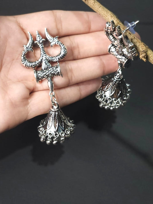 Sacred Trishul Oxidized Drop Earrings - Big