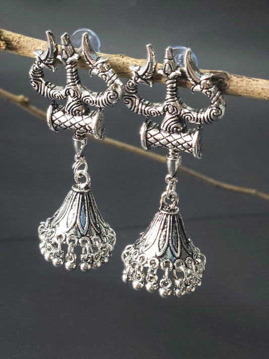 Sacred Trishul Oxidized Drop Earrings - Big