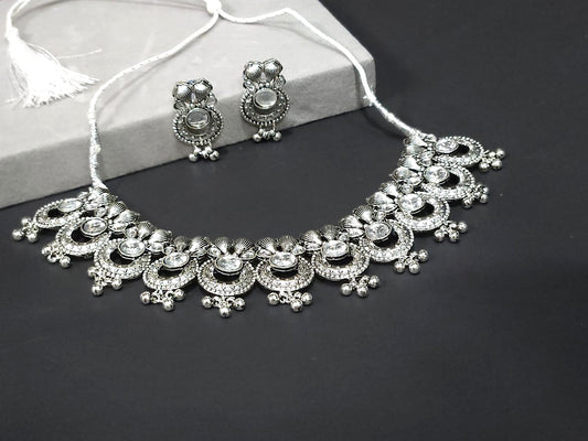 Mirror Work Oxidized Necklace Set – Crescent Motif