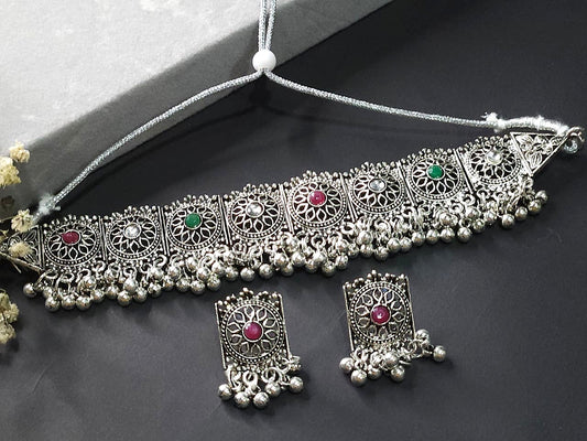 Boho Multicolor Oxidized Choker Necklace Set  - Rani Pink