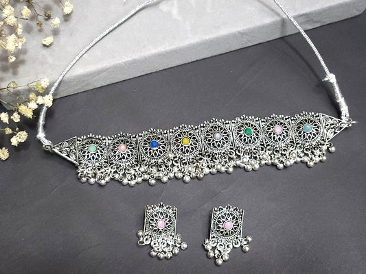 Boho Multicolor Oxidized Choker Necklace Set  - Light Pink