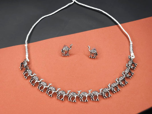 Camel Motif Oxidized Silver Necklace Set – Tribal Animal Motif
