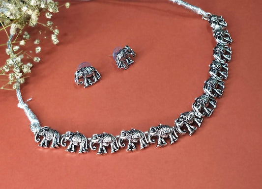 Elephant Motif Oxidized Necklace Set – Tribal Animal Motif
