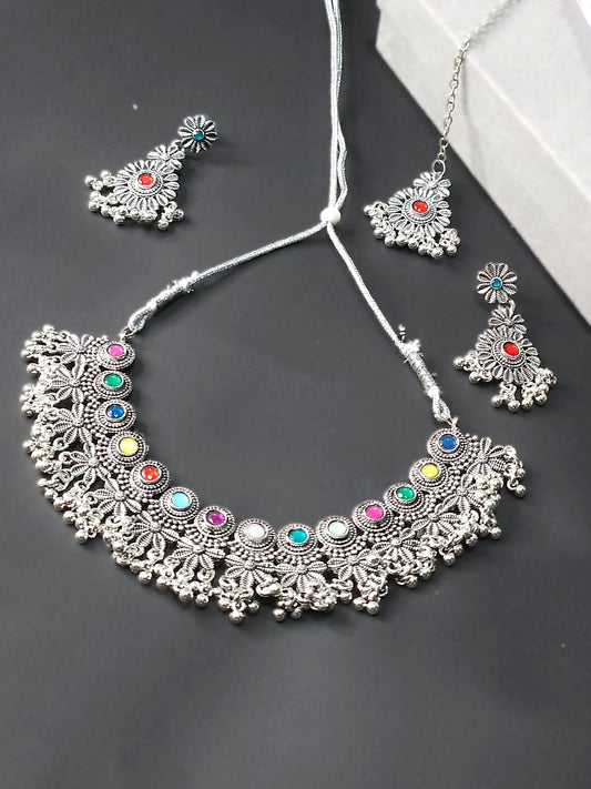 Oxidized Floral Choker Necklace Set with Maang Tikka – Multicolor Stones