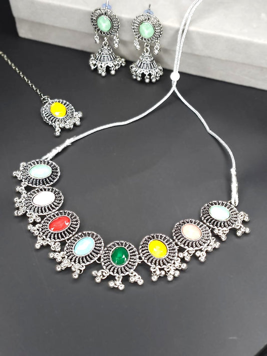Multicolor Stone Oxidized Necklace Set with Maang Tikka