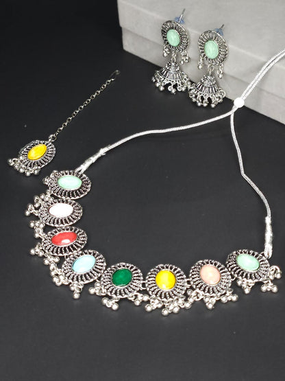 Multicolor Stone Oxidized Necklace Set with Maang Tikka