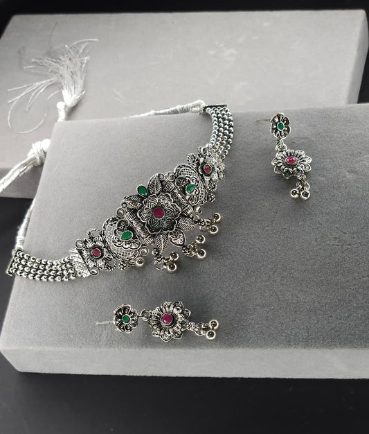 Antique Temple Oxidized Choker Necklace Set