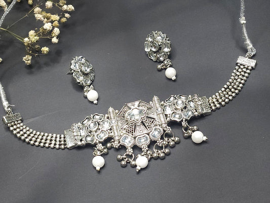 Mirror Work Oxidized Choker Necklace Set