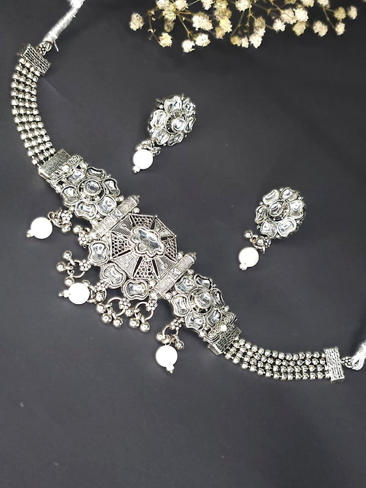 Mirror Work Oxidized Choker Necklace Set