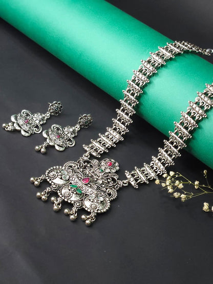 Antique Temple Oxidized Silver Long Necklace Set