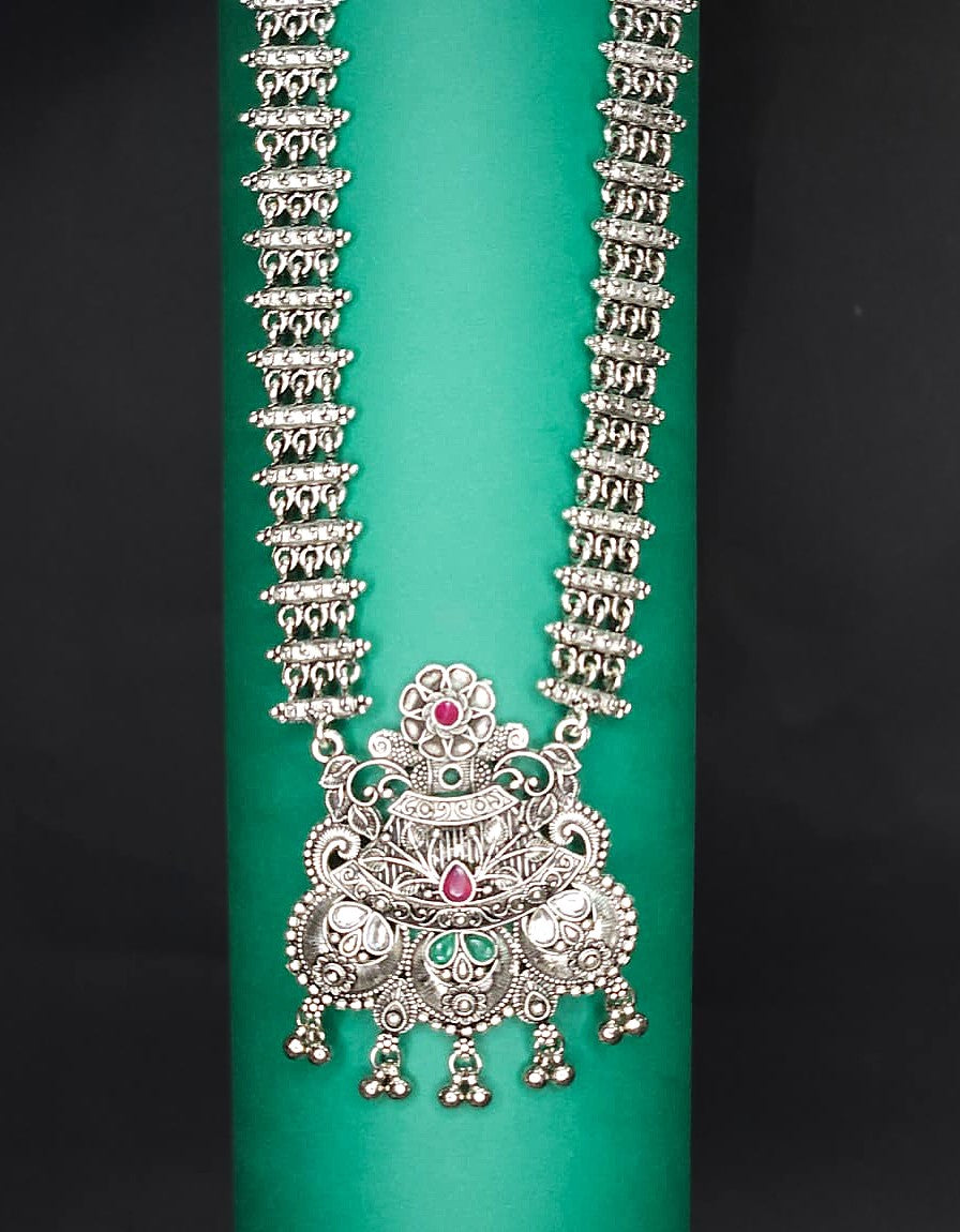 Antique Temple Oxidized Silver Long Necklace Set