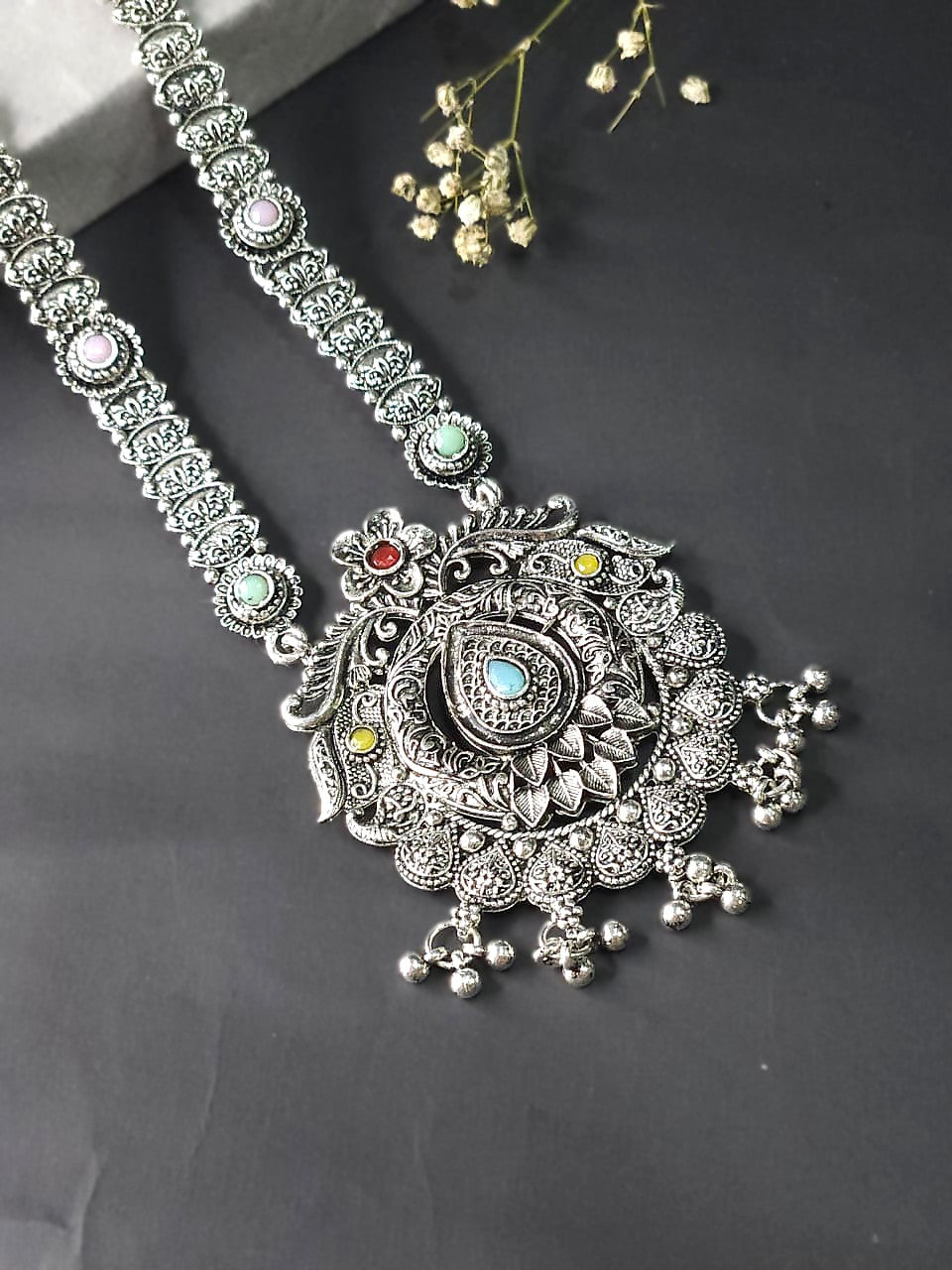 Antique Oxidized Long Necklace Set - Blue