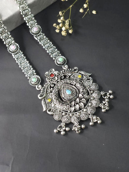 Antique Oxidized Long Necklace Set - Blue