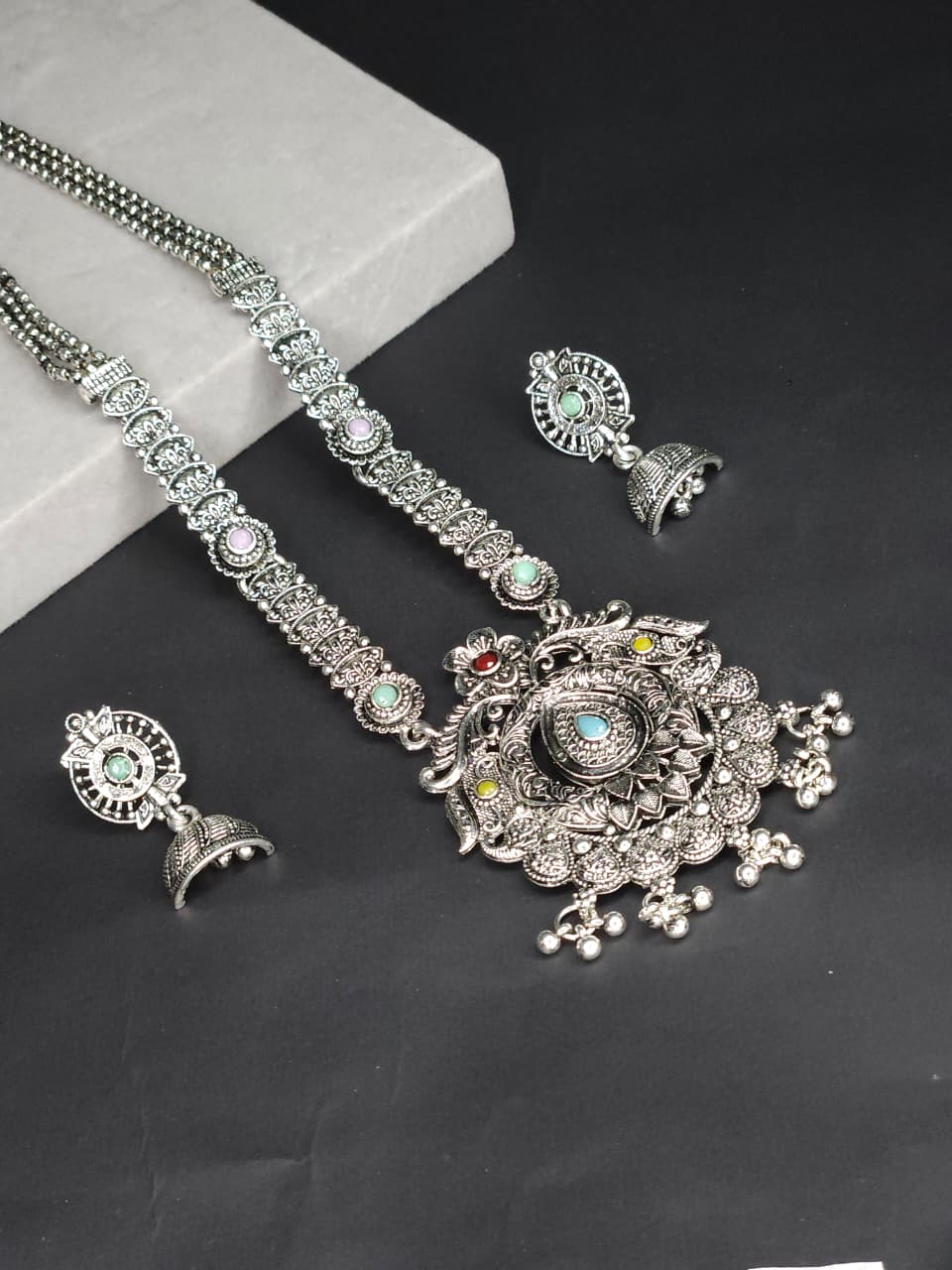 Antique Oxidized Long Necklace Set - Blue