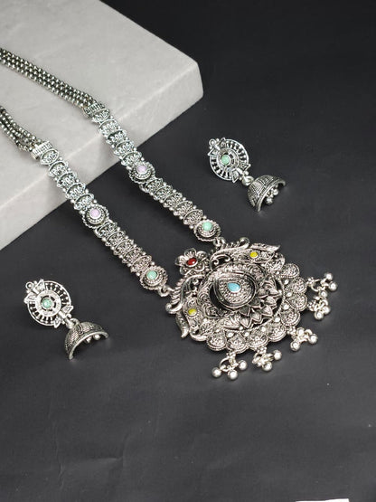 Antique Oxidized Long Necklace Set - Blue